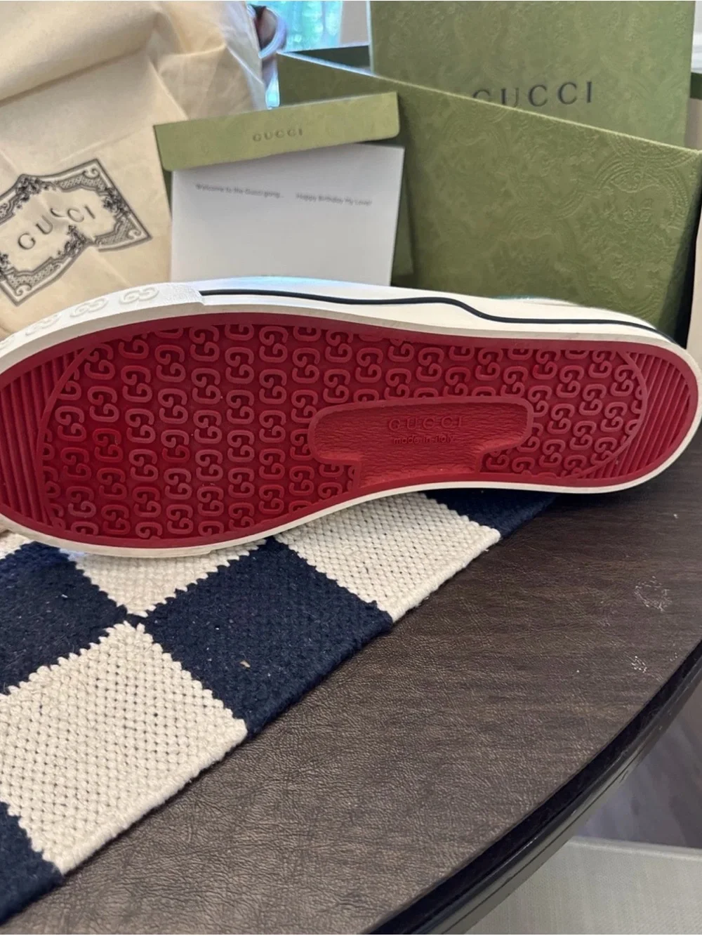 Gucci Beige GG Canvas Low-Top Sneakers with Green-Red Web Stripe